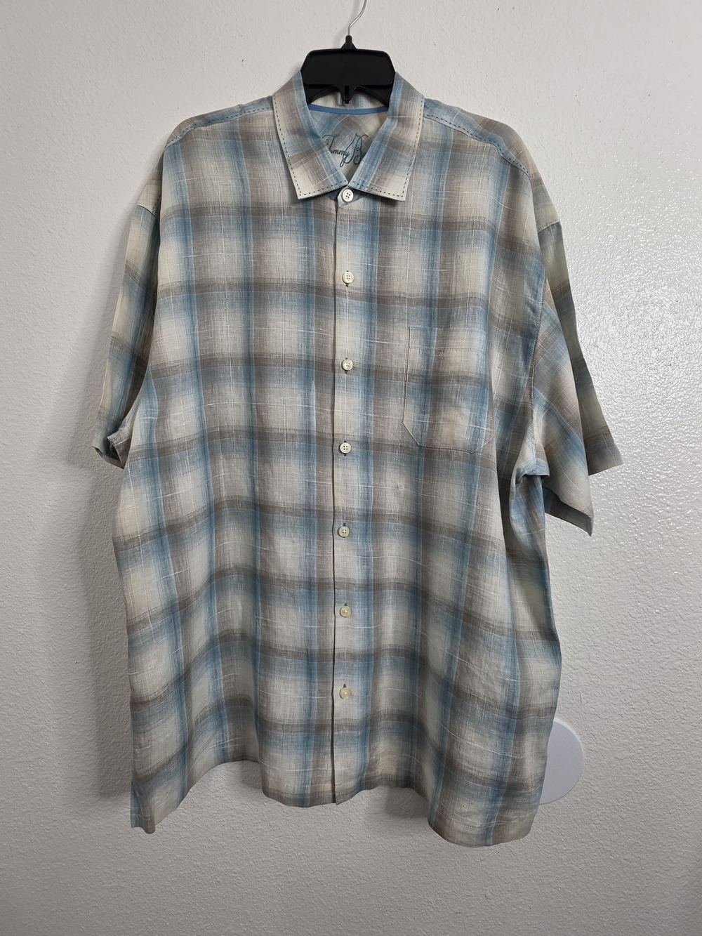 ​Tommy Bahama Mens XLX Linen Plaid Short Sleeve Camp Shirt Button Up Blue Beige